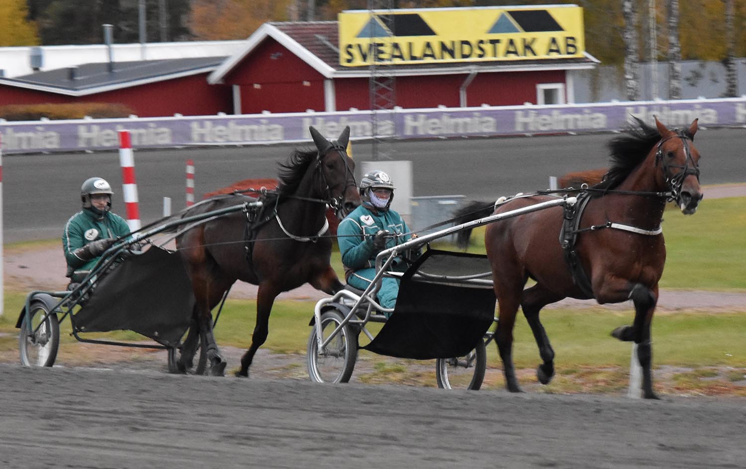 G.B.G Postponed tränas främst i ryggar för att hålla sig lugn här bakom tränaren Lisa Skogh med stallkamraten Great Old Dance. Foto: A.Lindblom